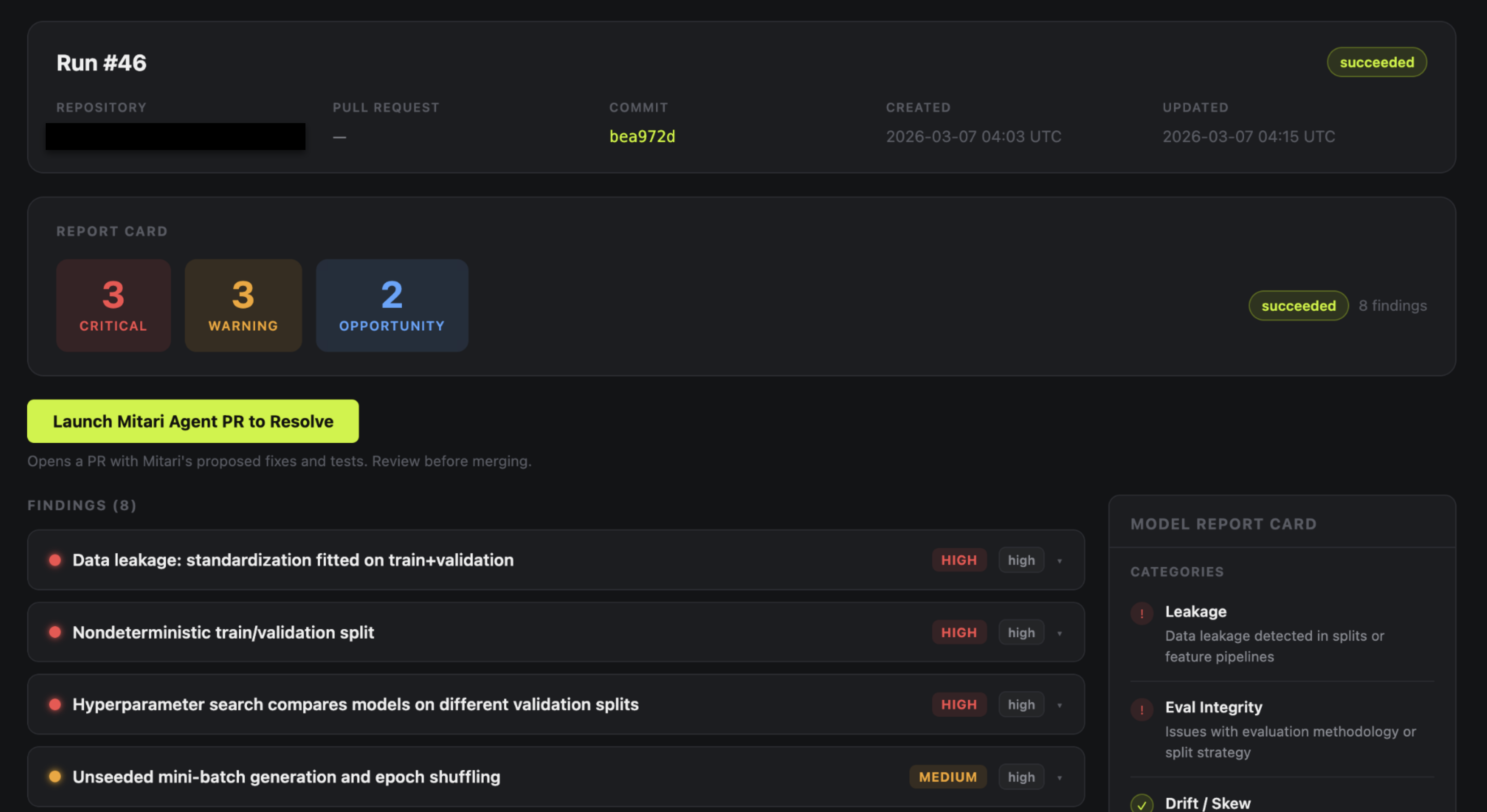 Mitari run report showing critical issues, warnings, opportunities, and the Launch Mitari Agent PR button